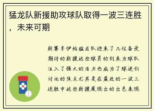 猛龙队新援助攻球队取得一波三连胜，未来可期