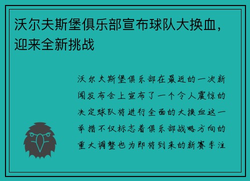 沃尔夫斯堡俱乐部宣布球队大换血，迎来全新挑战