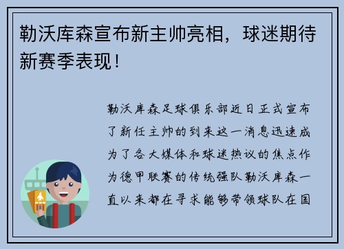 勒沃库森宣布新主帅亮相，球迷期待新赛季表现！
